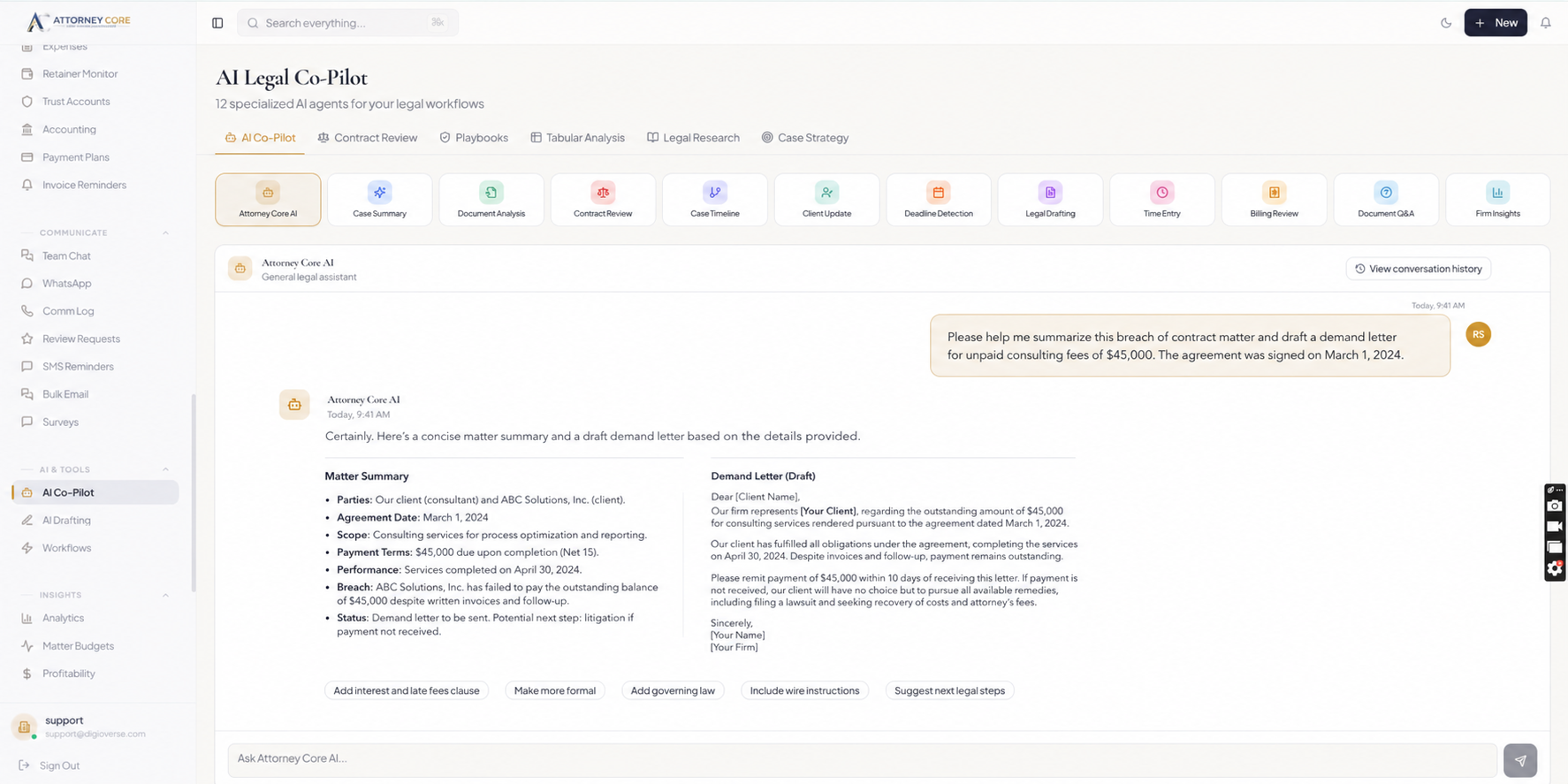 Attorney Core AI legal co-pilot dashboard for firms comparing Smokeball alternatives