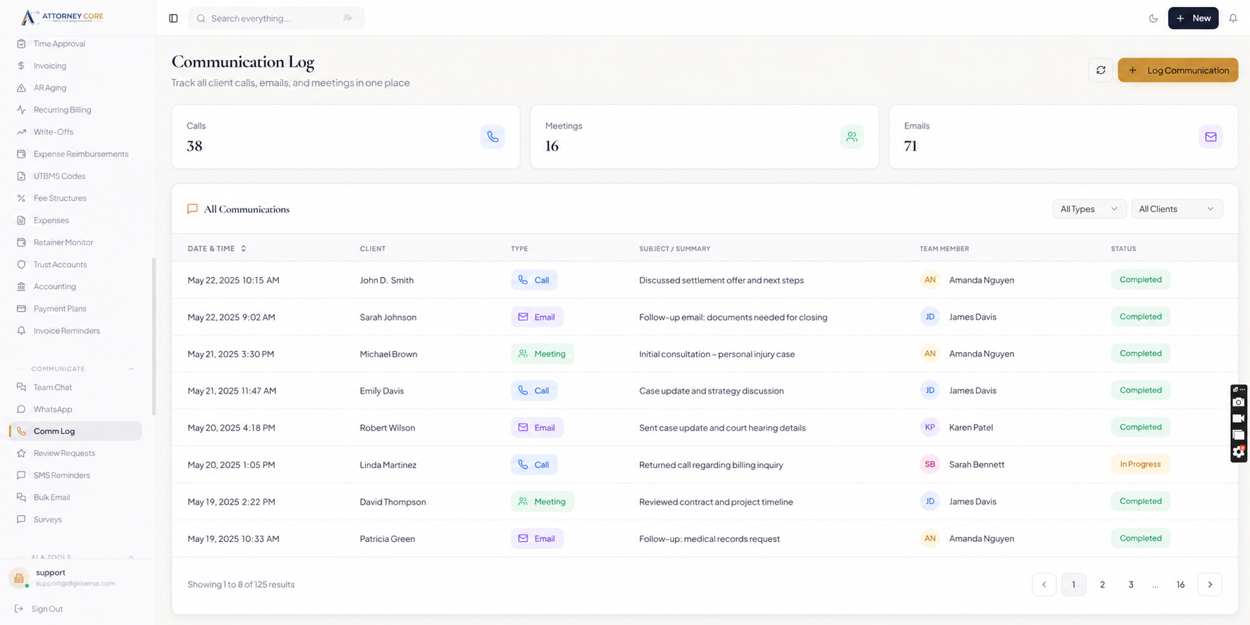 Attorney Core communication dashboard for firms comparing MyCase alternatives