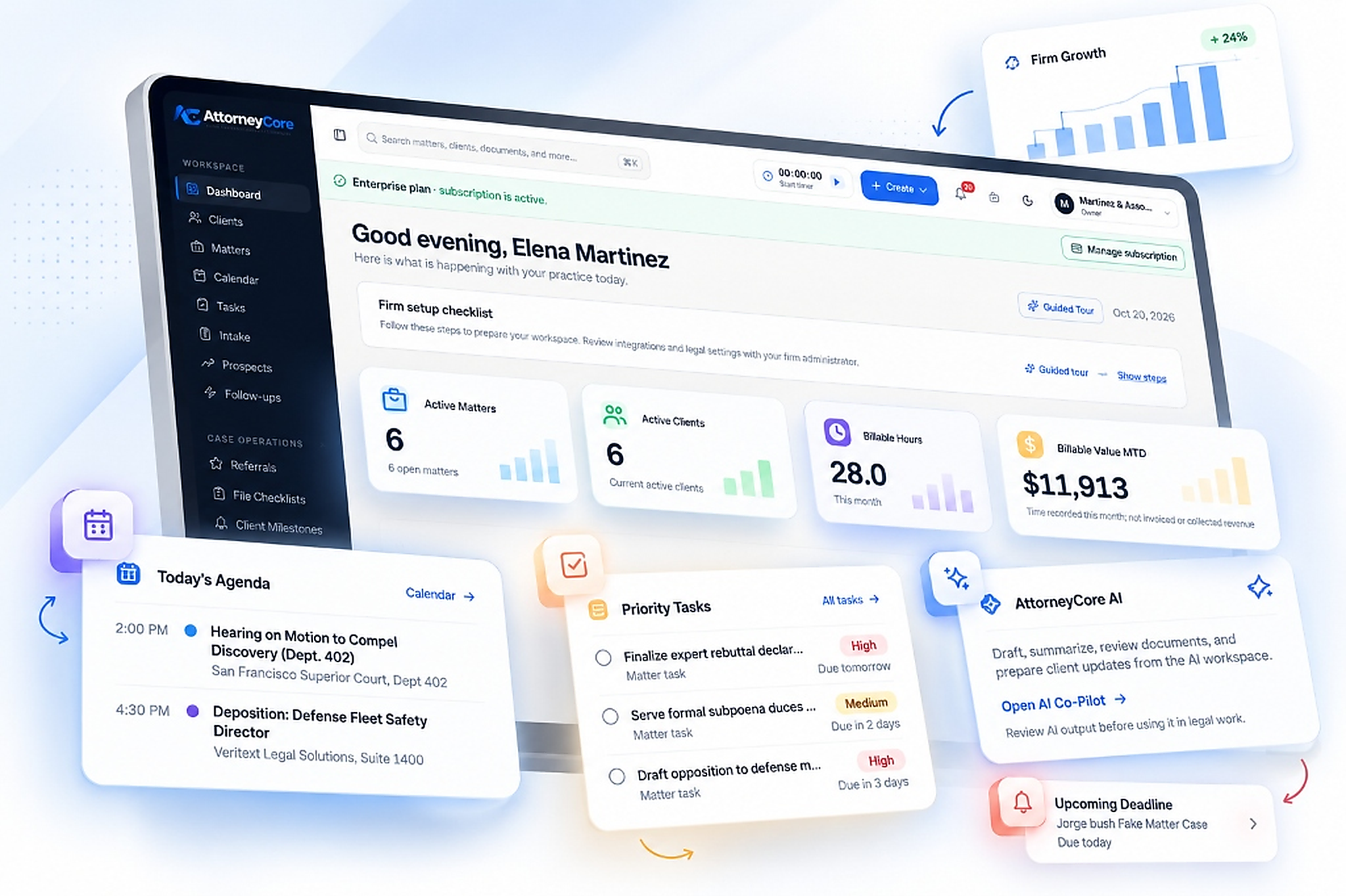 AttorneyCore Law Practice Management Dashboard displaying active matters, clients, billable hours, calendar, and AI assistant