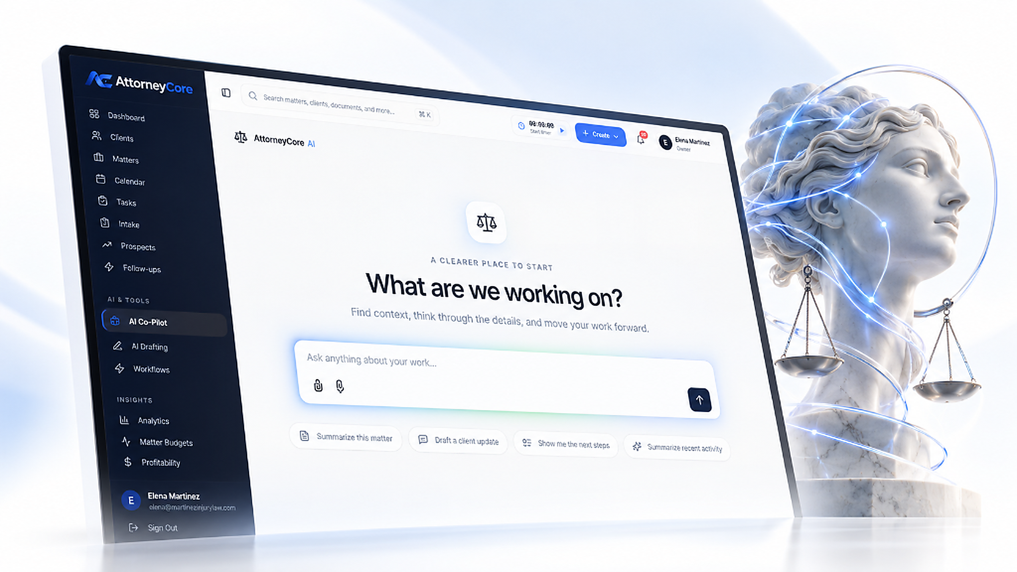 AttorneyCore AI copilot and its available workflow assistants