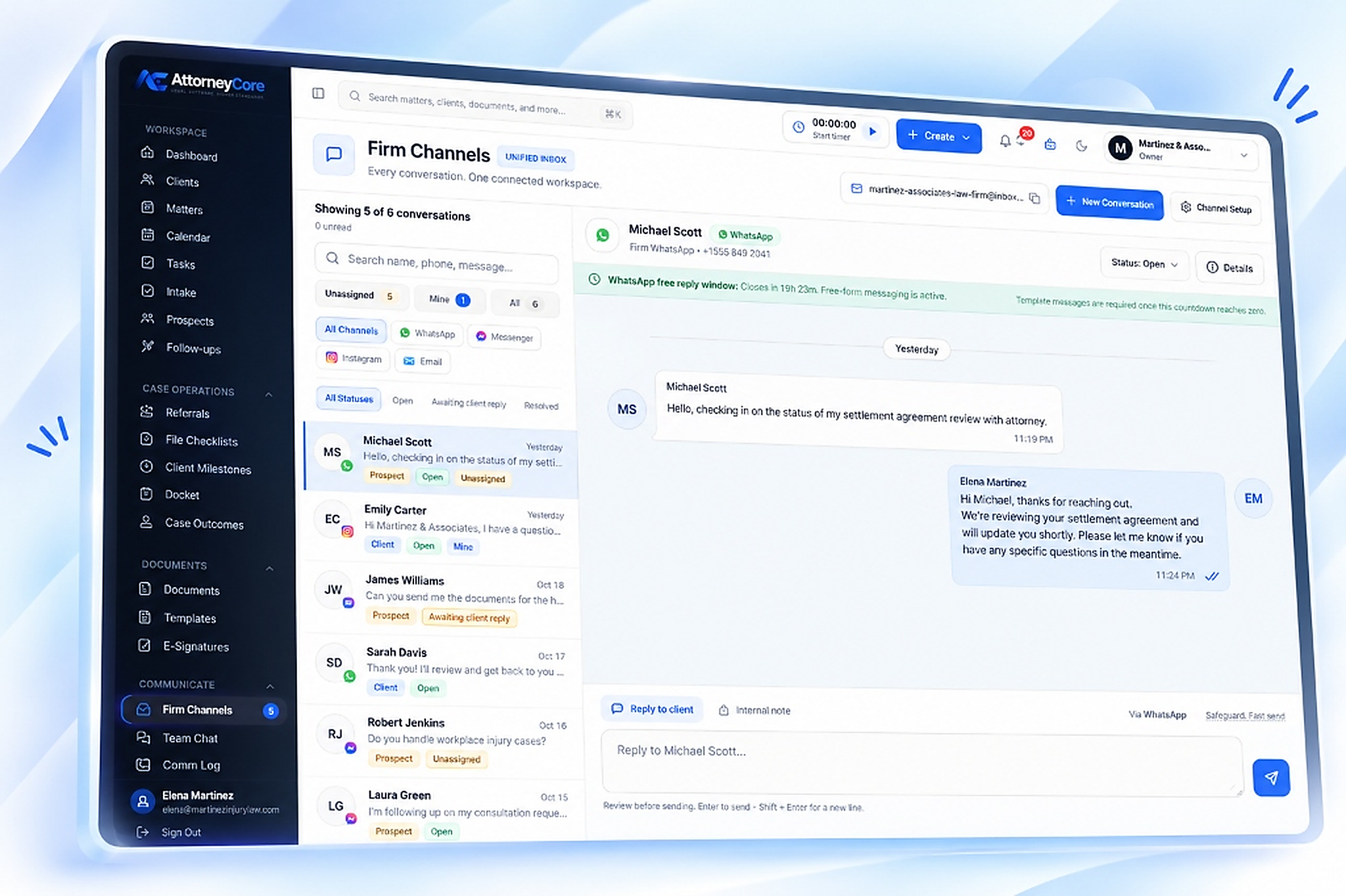 AttorneyCore Firm Channels unified inbox interface managing WhatsApp, Instagram, Messenger, and Email client leads
